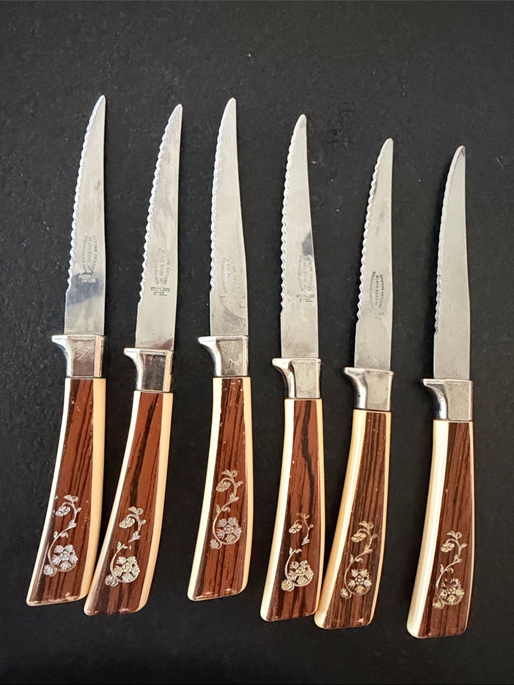 Vintage Country Sheffield England Steak Knives Floral Inlay - Set of 6